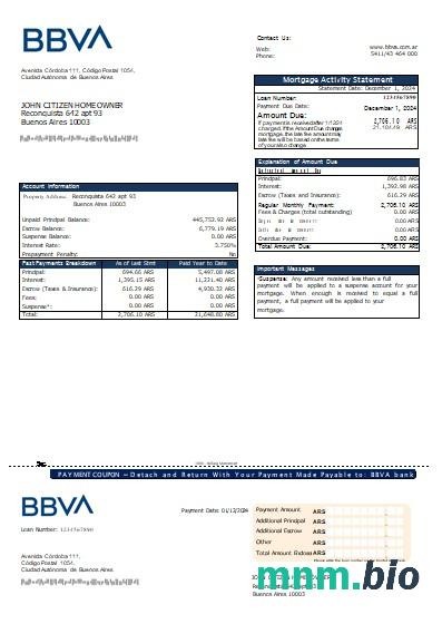 Argentyna Bank BBVA wyciąg z kredytu hipotecznego szablon Word i PDF